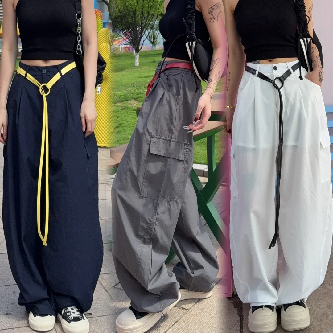 韩系腰带撞色弧形剪裁弯刀裤女夏季薄款空气感抽绳束脚阔腿工装裤