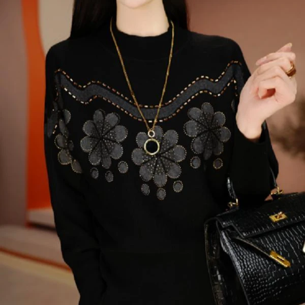 2025秋冬洋气通勤时尚宽松显瘦大码妈妈针织衫设计感烫钻女士毛衣