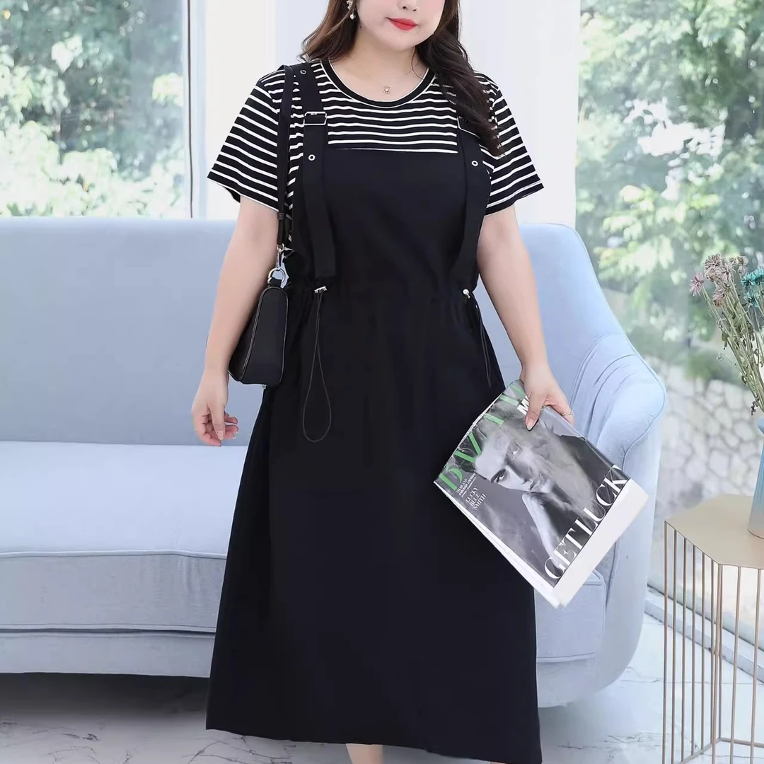 大码女装300斤胖MM夏季休闲时尚气质圆领条纹T背带裙套装2048