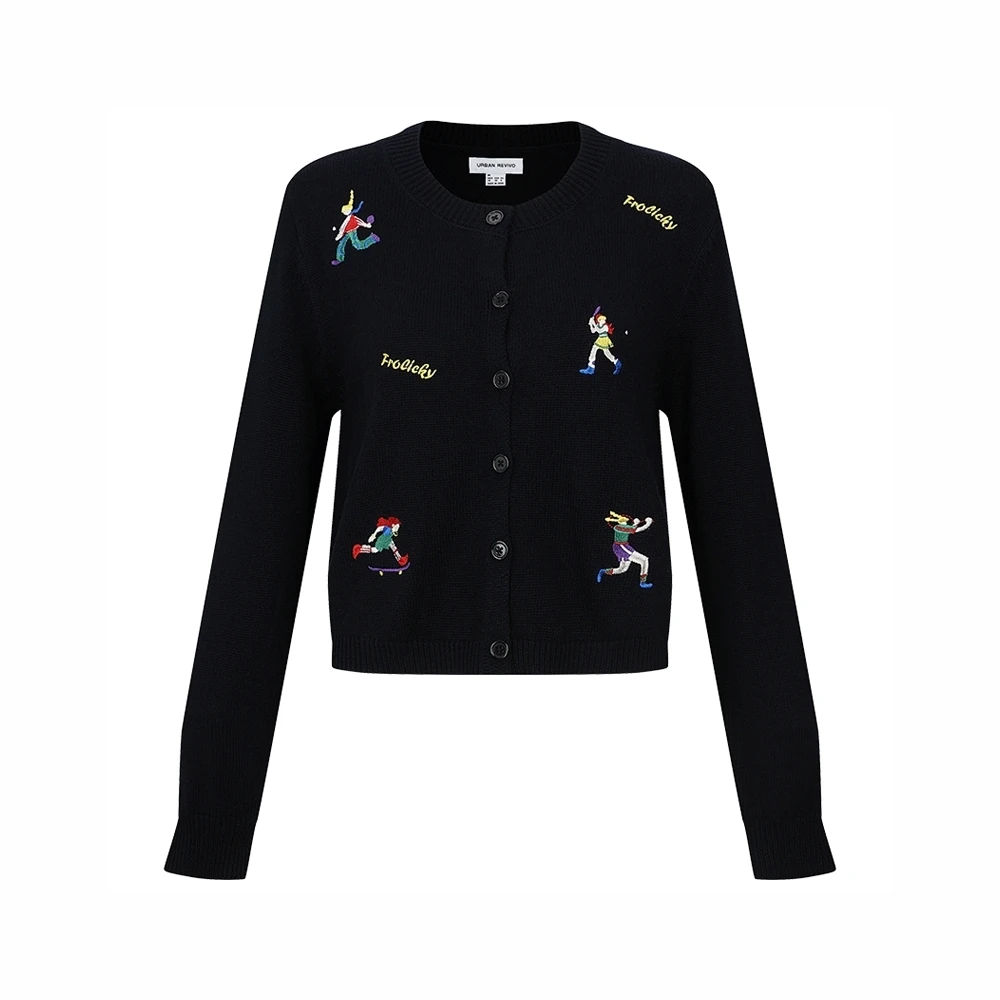 UR2025秋季新款女装休闲趣味运动刺绣短款针织开衫UYL950215+