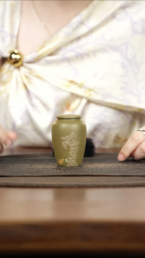 紫砂茶叶罐小罐豆青泥泥绘太湖石