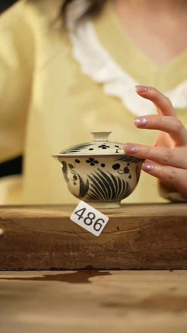 【闪购商品】瓷片粉引仿古青花·盖碗/设计师 牧渔 款