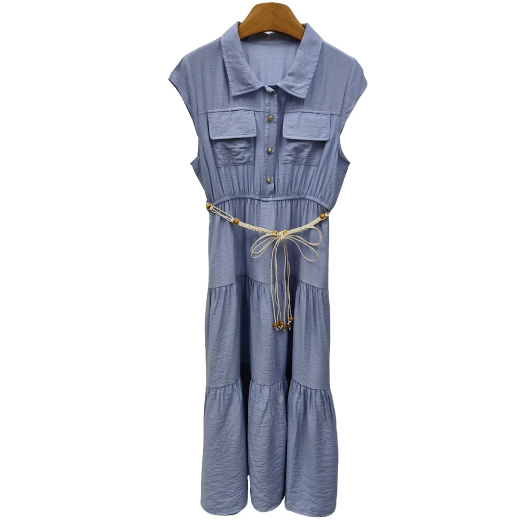 YITONG/倚桐2025夏季时尚翻领无袖收腰连衣裙（L5566063）配腰绳