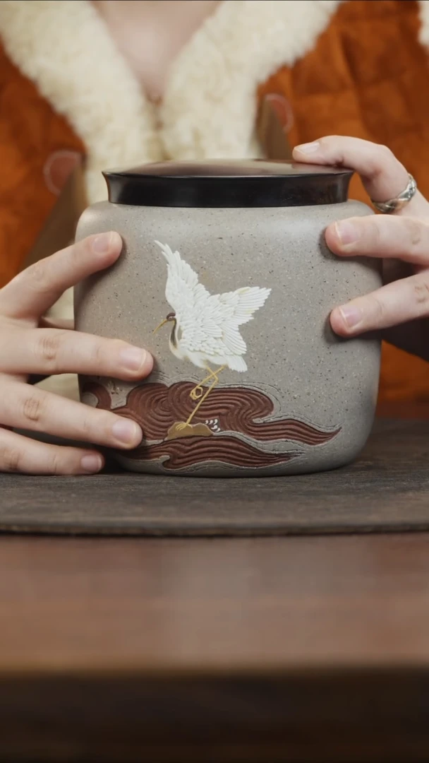 【闪购商品】紫砂茶叶罐定窑白木盖泥绘仙鹤茶叶罐