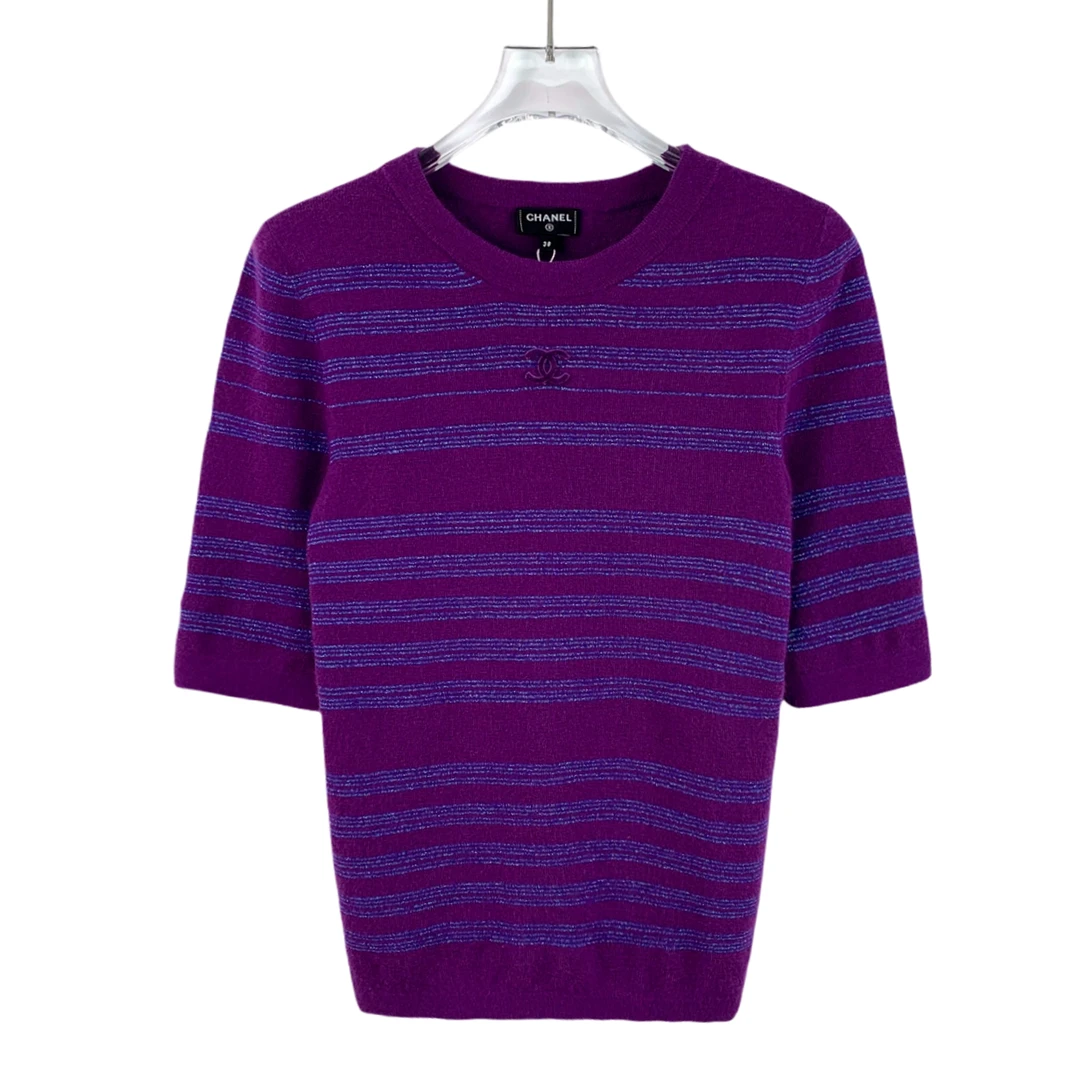 99新 Chanel/香奈儿 DW0220  条纹亮丝短袖针织衫 38 S码