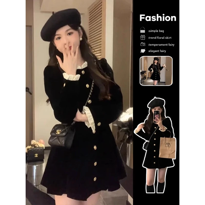 法式小香赫本风黑色丝绒连衣裙子女春秋季2025年新款气质收腰短裙