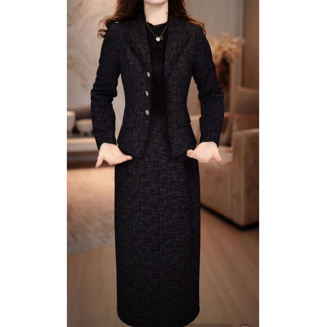 左曼女装2025秋季轻职风气质显瘦蕾丝女人味西服连衣裙套装裙