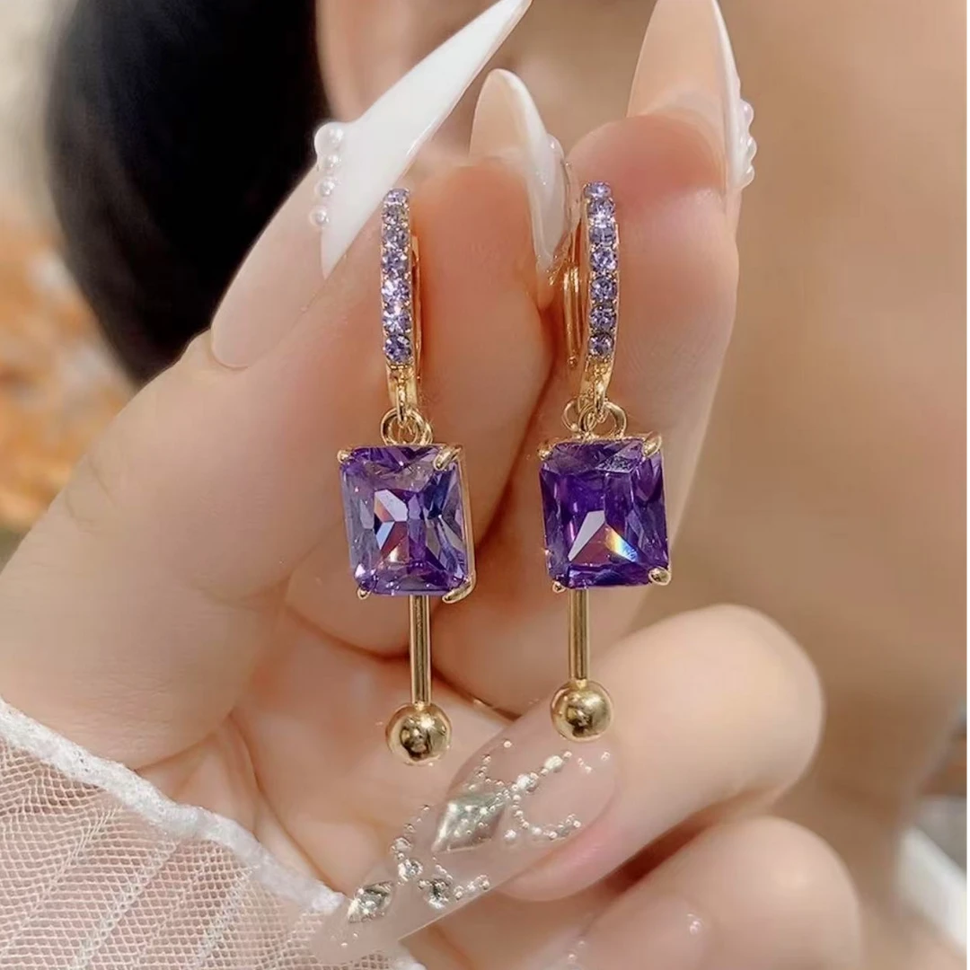 铜合金合成锆石耳饰 气质轻奢时尚百搭小众简约紫色精致F24