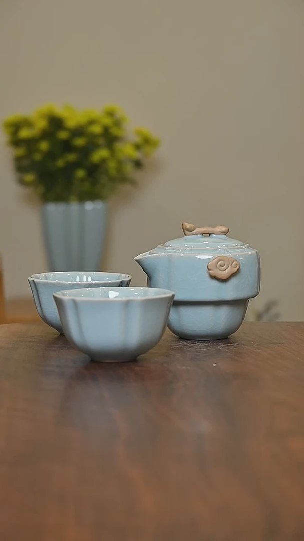 祥云快客一壶二杯 天青 微瑕 朱家汝窑款