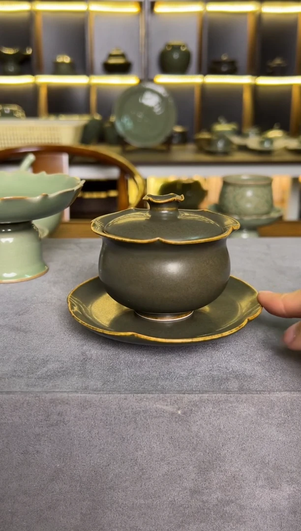 其他耀州窑纯手工茶叶末釉花口三才盖碗