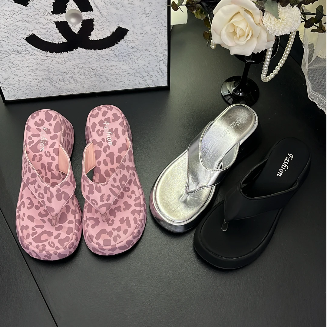 2025夏季新款6CM粉豹纹人字拖小个子厚底仙女风外穿女拖鞋