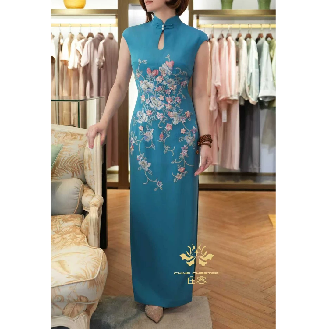 【花语朦胧】长旗袍时尚蓝色中国风优雅绣花G16X0CLF31【品牌8868】