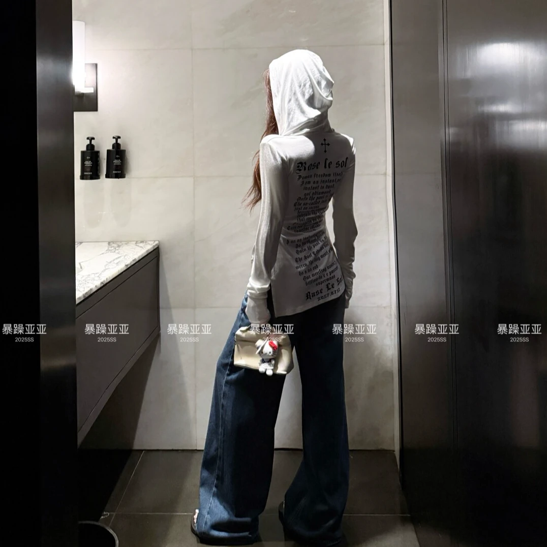 高校学姐 后背印花连帽T恤女秋季新款设计感开叉修身显瘦长袖上衣