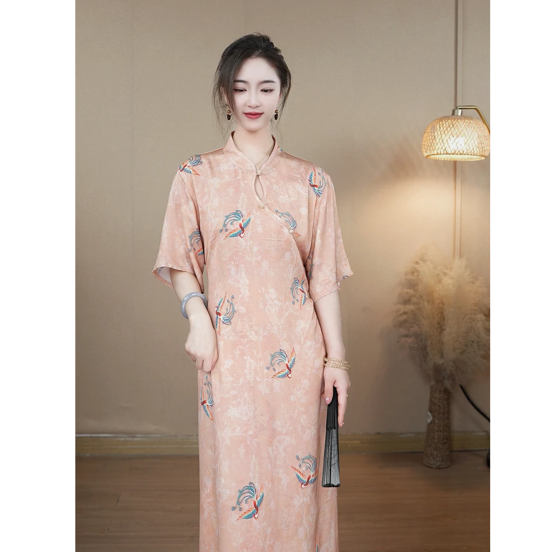【衣羊羊】夏季棉绸复古中式中长款中国风印花民国风斜襟旗袍连衣裙