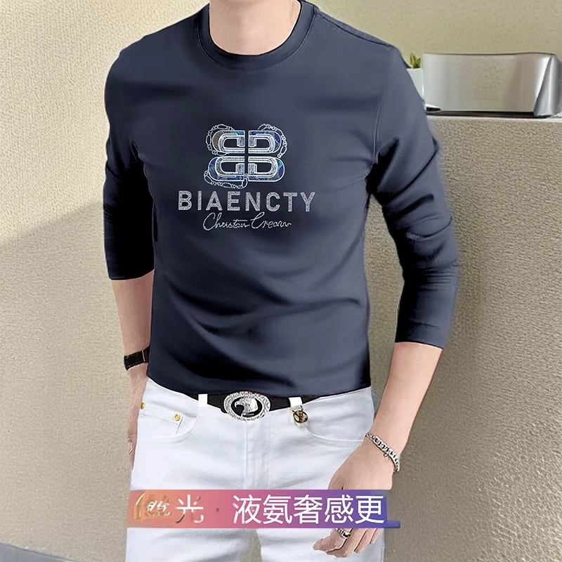 早秋 欧货新款时尚男士液氨双面丝光棉长袖圆领T恤轻奢男装上衣潮