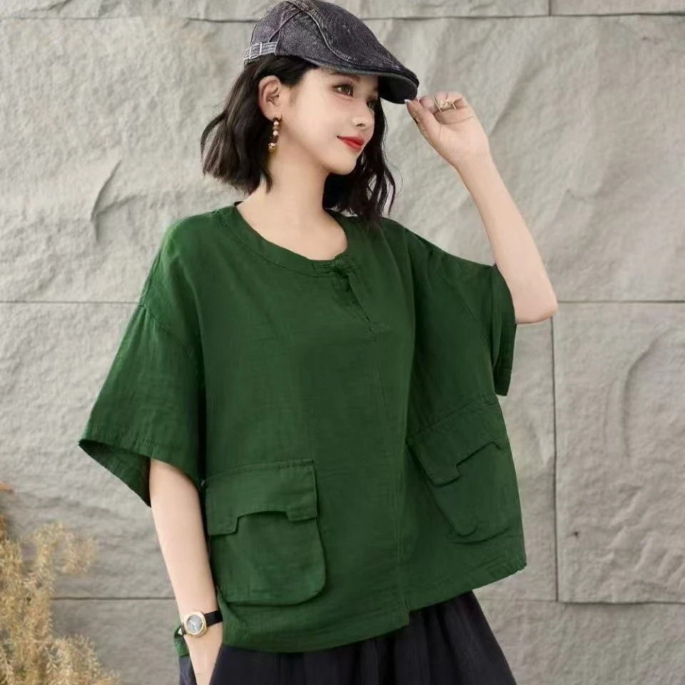 10944新款夏季百搭纯色简约盘扣圆领宽松T恤小衫QZ