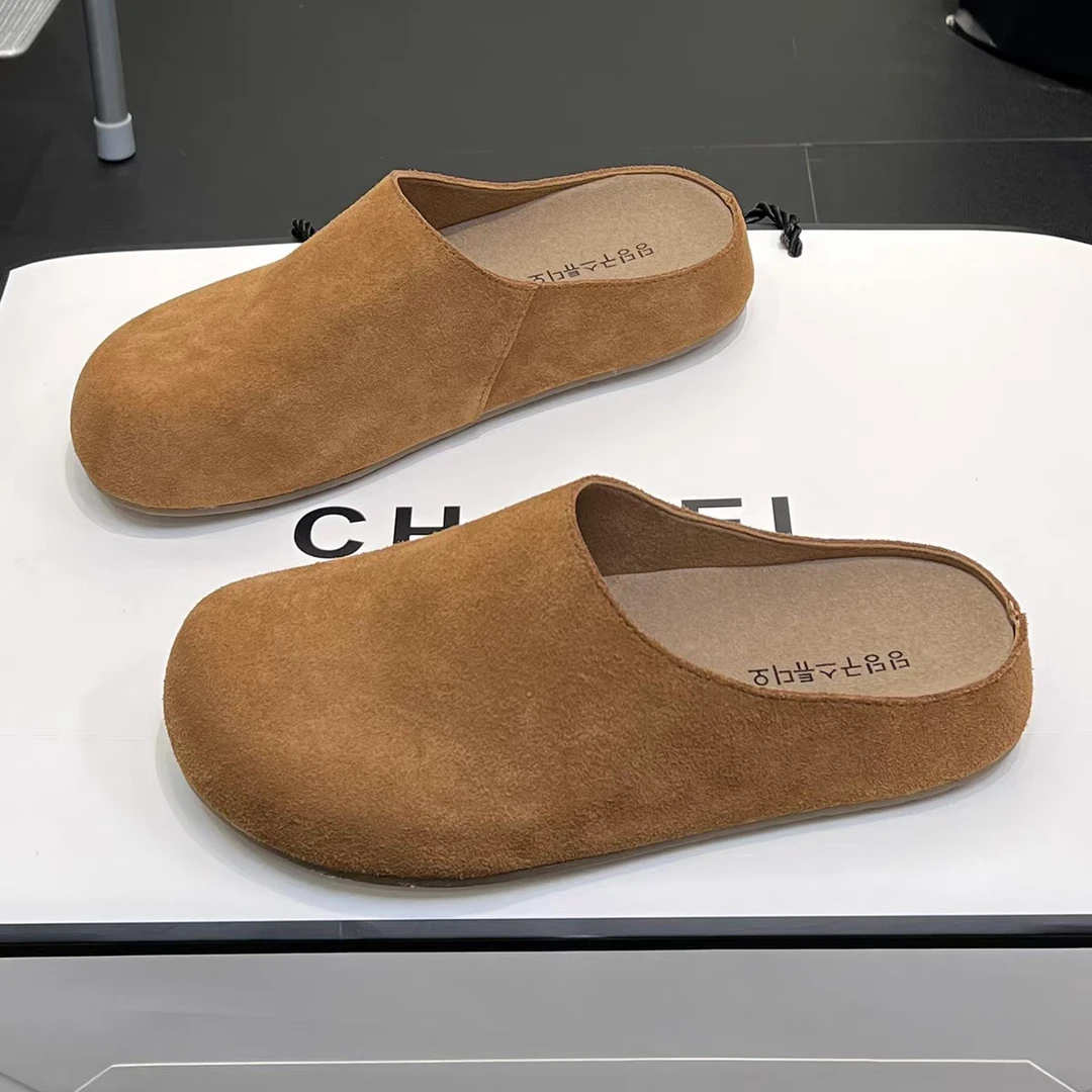 【2028】复古真皮包头勃肯拖鞋女秋季新款百搭平底懒人一脚蹬半拖