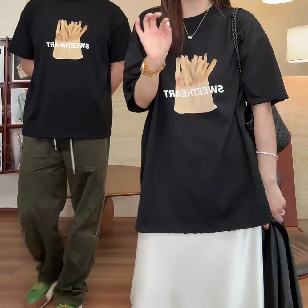 夏款薯条印花手工磨破百搭宽松高克重棉短袖T恤女