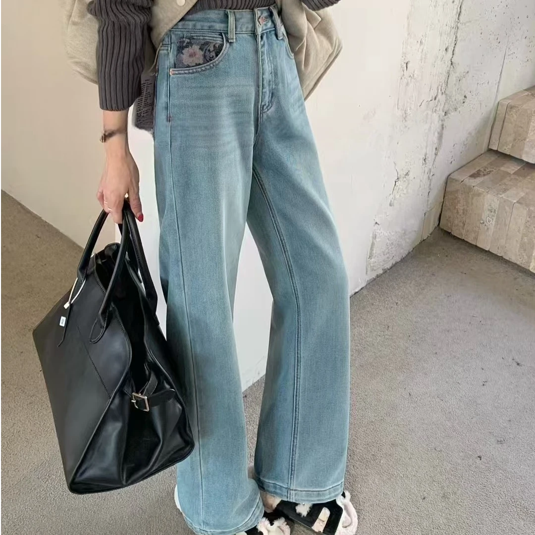 【裤博汇】82031新面料印花彩绘植绒拼接口袋软牛仔高腰植绒直筒裤