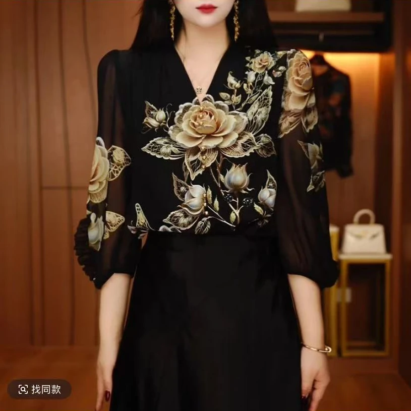 原创新款琉璃双皱丝洋气时尚百搭显瘦休闲气质印花女士国风长袖