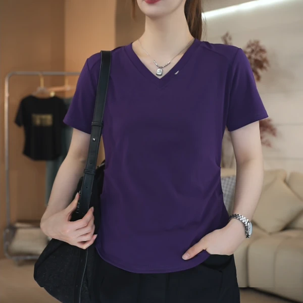 SHUOBAI/说白 254# 减龄遮肉 修身显瘦 V领短袖T恤