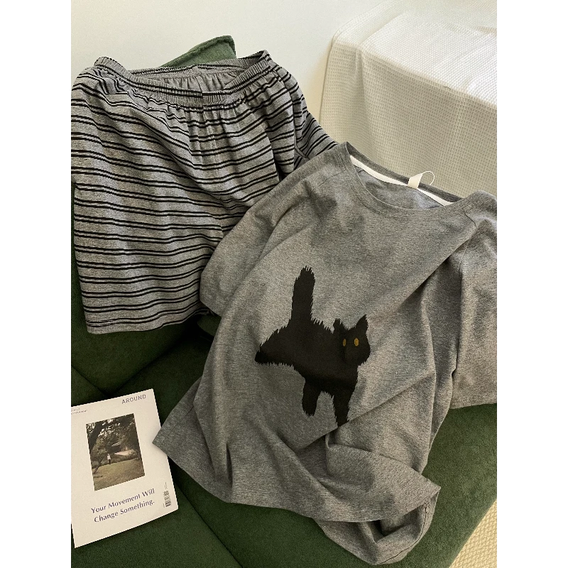 韩版慵懒风宽松印花T恤短裤居家服两件套夏季小个子大码显瘦套装