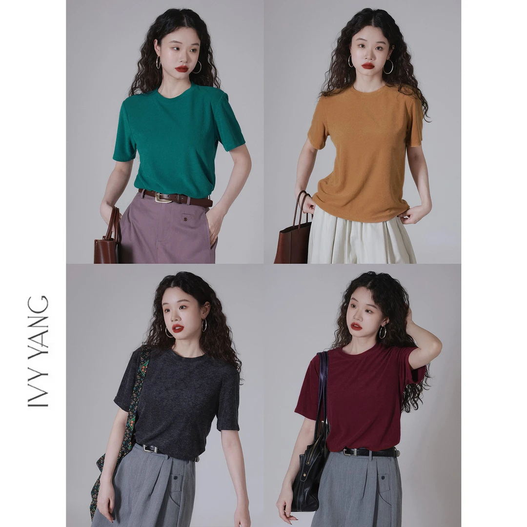 IVY YANG圆领绒感花色简约短袖T恤
