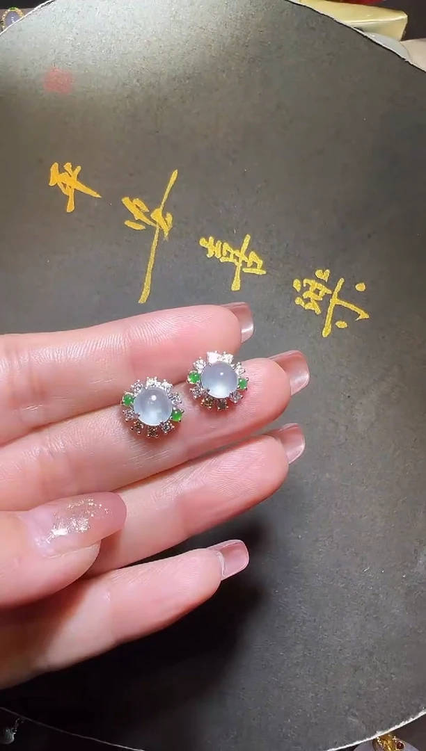 【闪购商品】翡翠银S925镶嵌耳饰翡翠蛋面耳钉