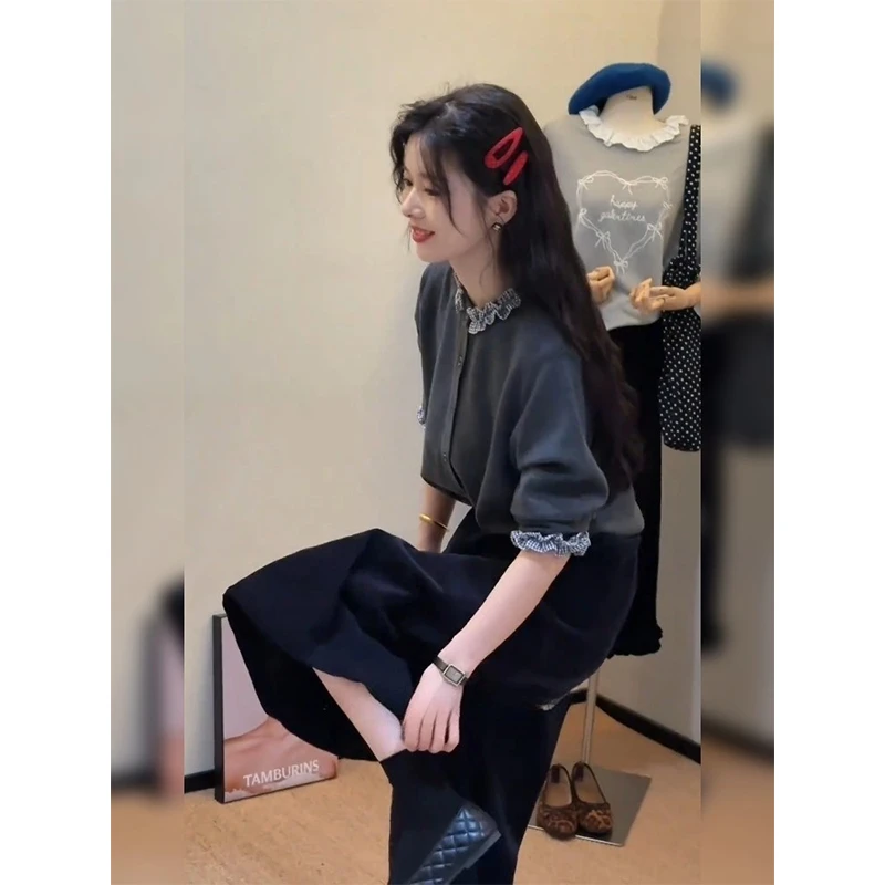 秋季慵懒风流行穿搭韩版独特超好看灰色针织开衫黑色半身裙套装