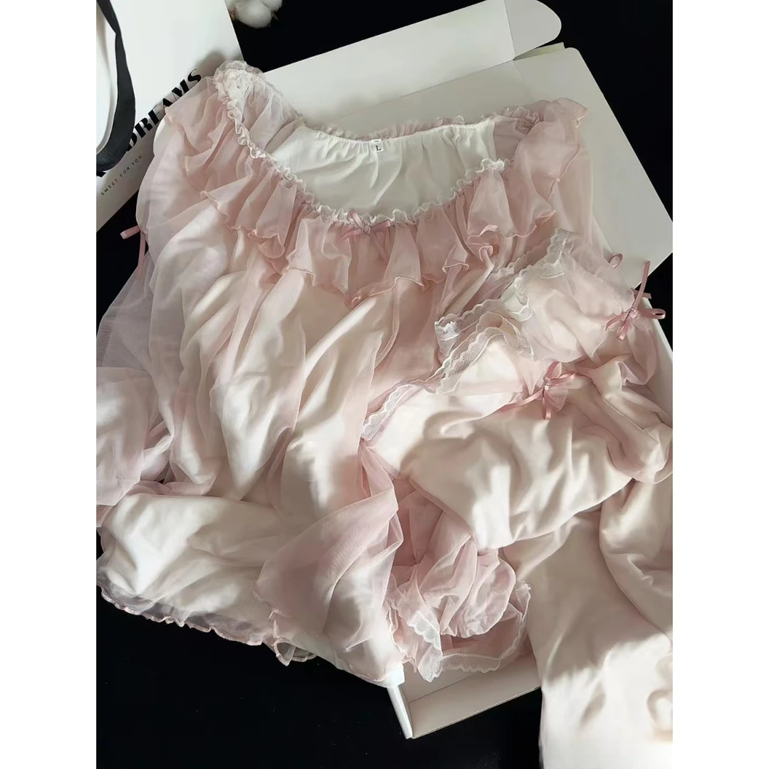 【少女款花边】公主甜美蕾丝睡衣女春秋季新款温柔小众家居服套装