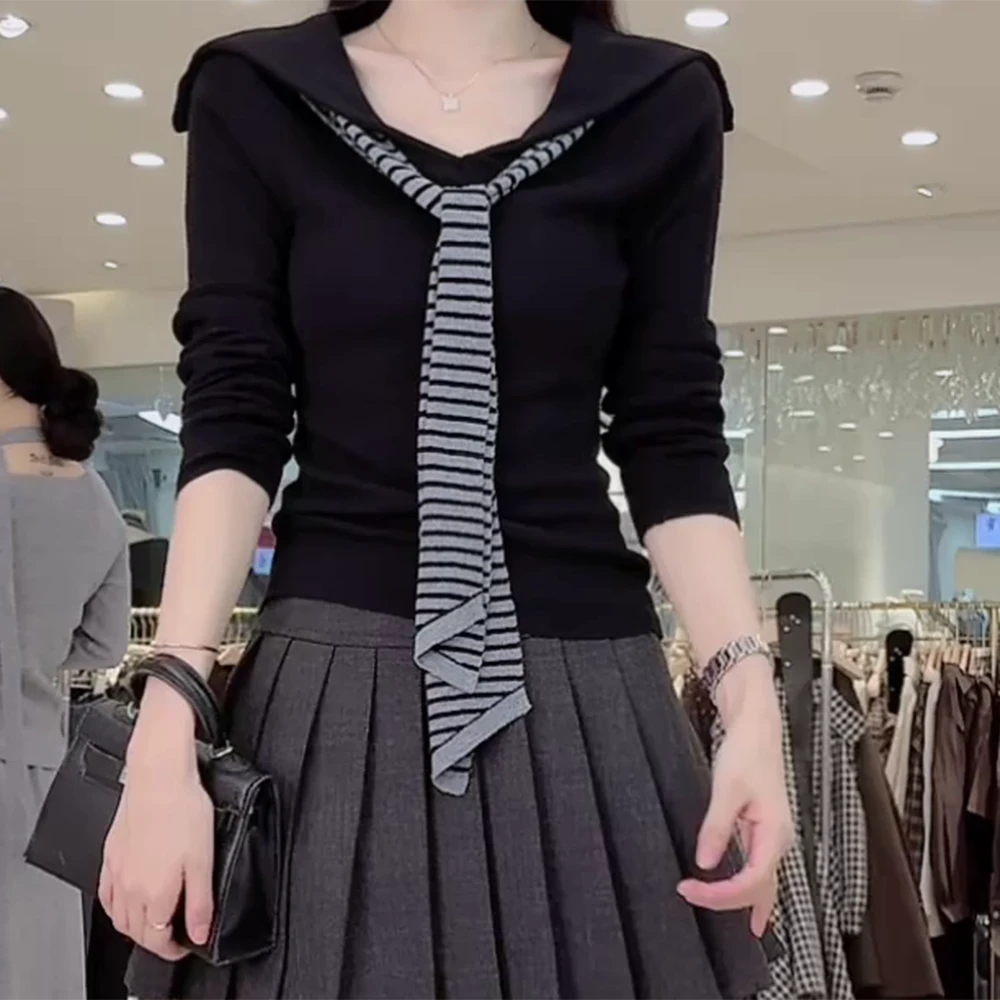 【慵懒时光】2025秋季新款飘带翻领针织上衣C5924