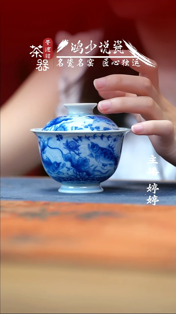 望月怀古淡描海水鱼藻盖碗