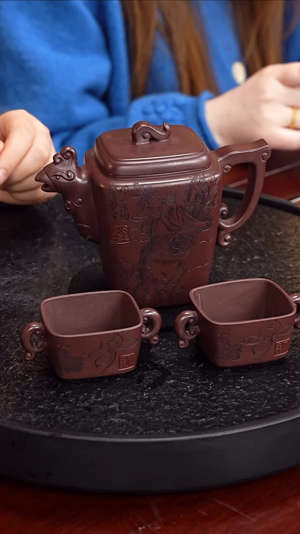 茶壶紫砂齐燕君  凤翔鸾跃套组90 底槽清 450毫升张大千 松柏高立