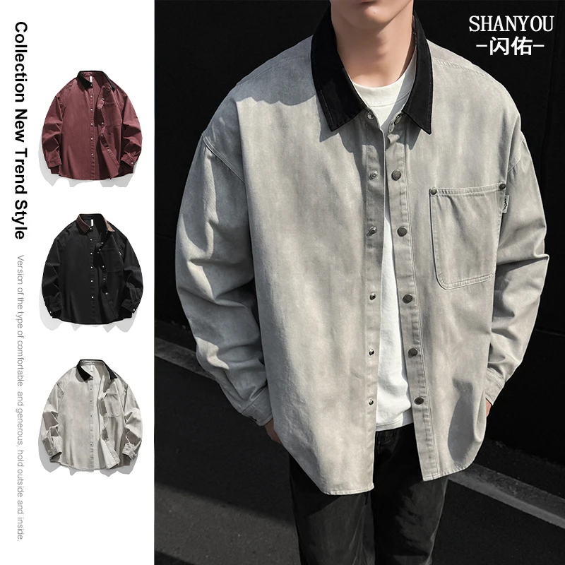 2025新款美式高街撞色翻领工装男士衬衫长袖休闲百搭舒适宽松上衣