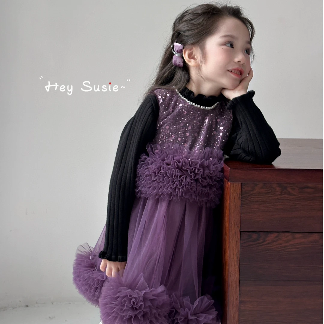 25女童精致公主紫色亮片背心裙冬儿童加绒大裙摆裙礼服裙连衣裙