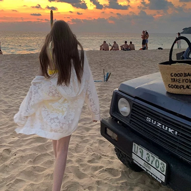 法式中长款蕾丝开衫连帽薄外套女春夏季防晒长袖外搭宽松衬衣上衣