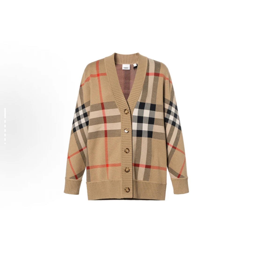 Burberry博柏利 格纹提花V领单排扣长袖针织衫 女款 典藏米色