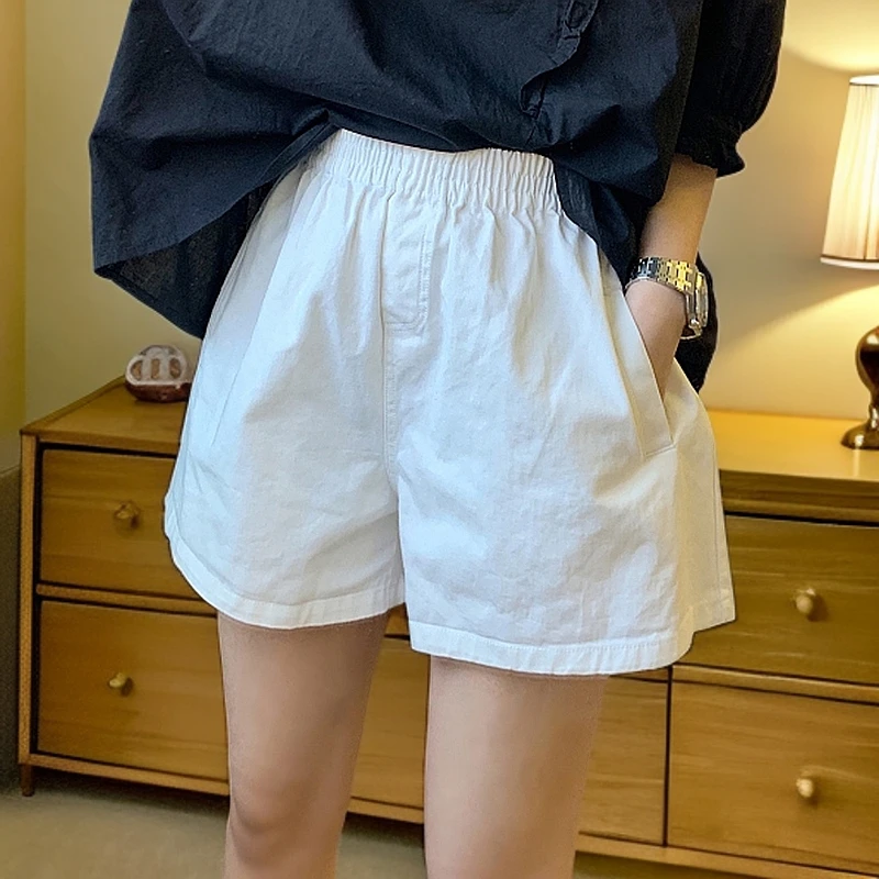 松紧腰纯色短裤女夏季阔腿裤子女新款休闲百搭显瘦宽松高腰