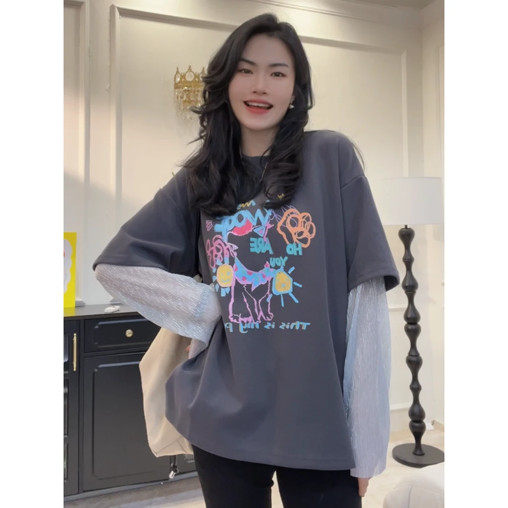 【假期气息】春夏新款小众设计感上衣假两件t恤女长袖上衣女