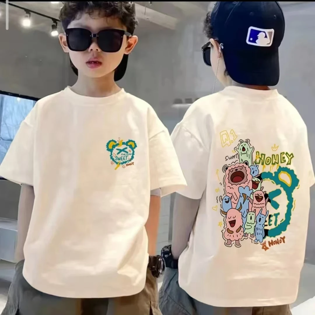 彩色小熊亲子款~男童时髦潮彩色卡通小熊圆领清凉薄款T恤9180