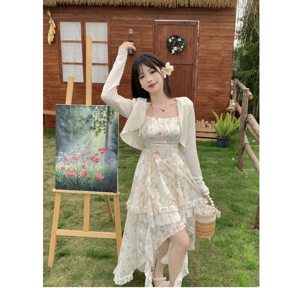 【欣欣】大码法式茶歇碎花吊带裙度假风甜美拖尾长裙+开衫套装2418