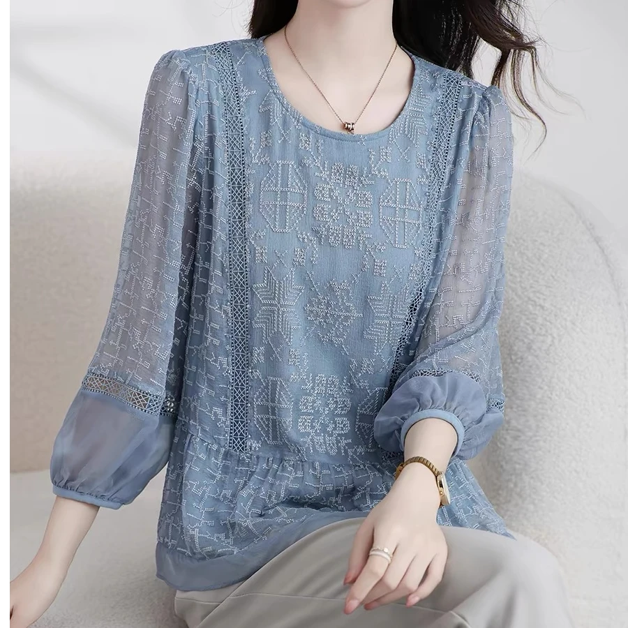 【吉岚优选】初恋协奏曲~镂空绣花桑蚕丝衬衫女YZ7963（5.12运补5）