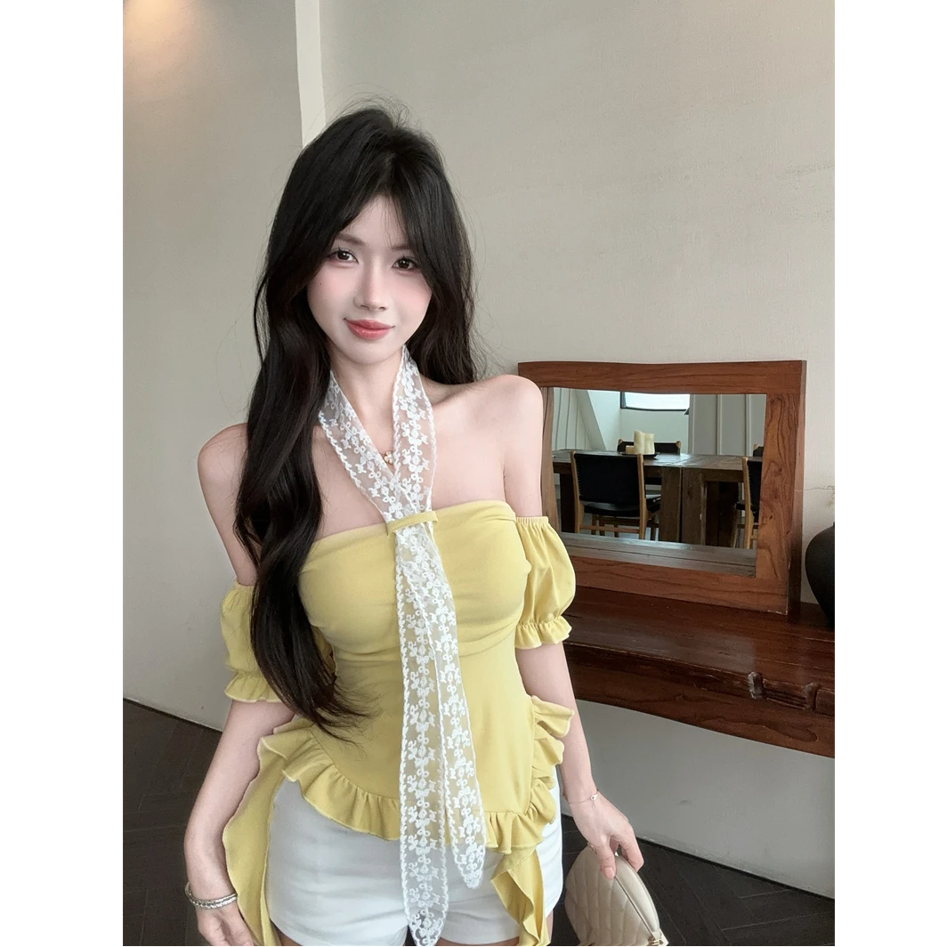 纯欲甜美一字肩泡泡袖不规则T恤收腰显瘦抹胸上衣百搭白色短裤