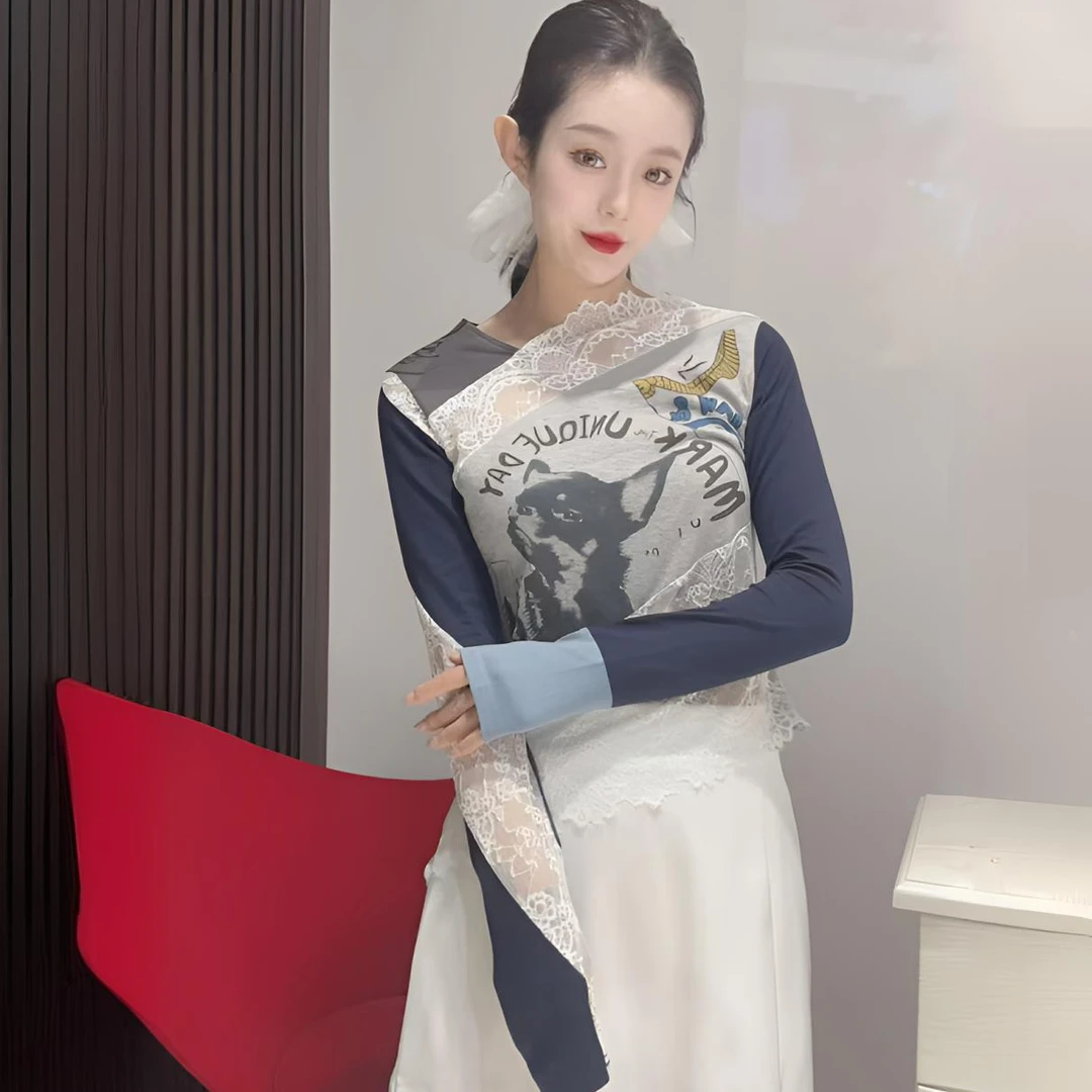 5898欧货小众设计感蕾丝撞色打底衫