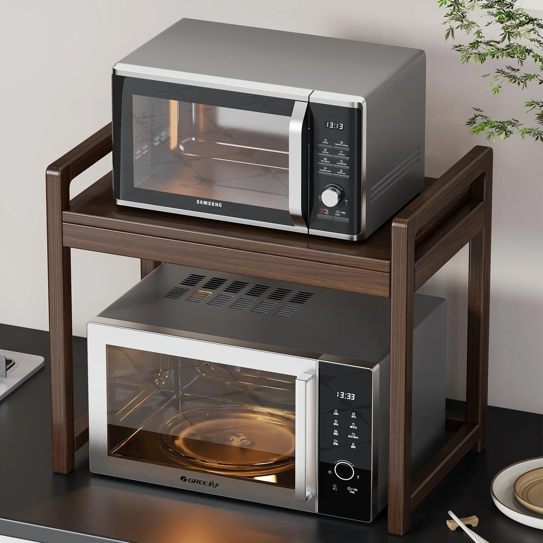 实木厨房微波炉架台面多功能家用烤箱双层橱柜碗碟分层收纳置物架