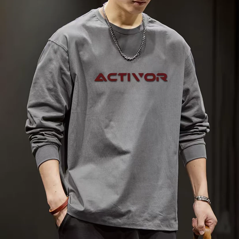 纯棉长袖t恤春秋男士休闲韩版宽松螺纹袖口圆领长袖男士打底衫