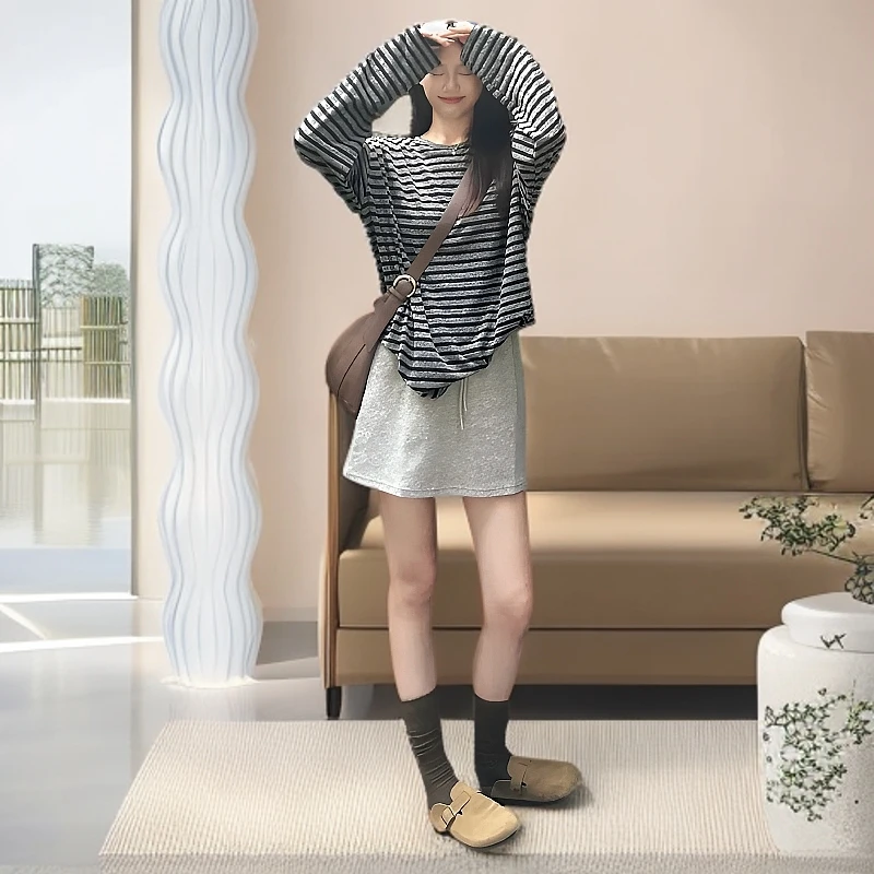 复古条纹气质绝美套装裙女春季薄款休闲慵懒风简约时尚两件套