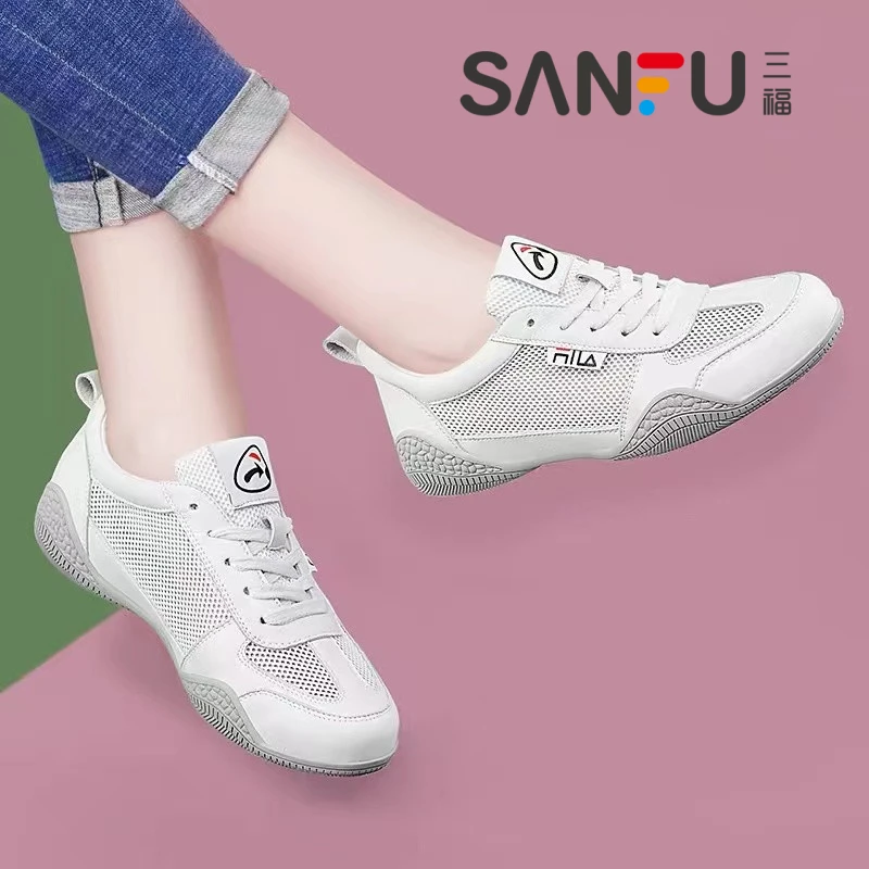 三福小白鞋女2025新款春夏薄款透气网鞋显脚小平底休闲网面运动鞋