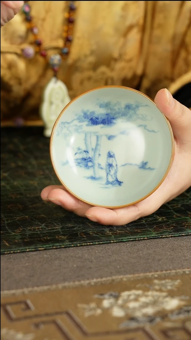 善窑厂汝窑青花人物普洱杯