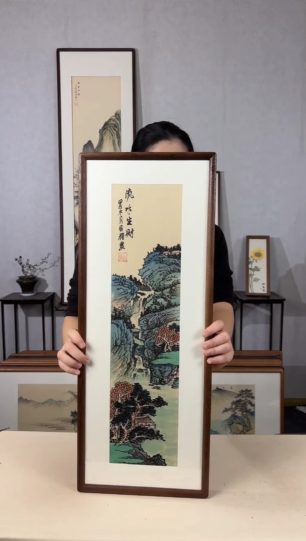 国画手绘*流水生财*28*72cm带框发货